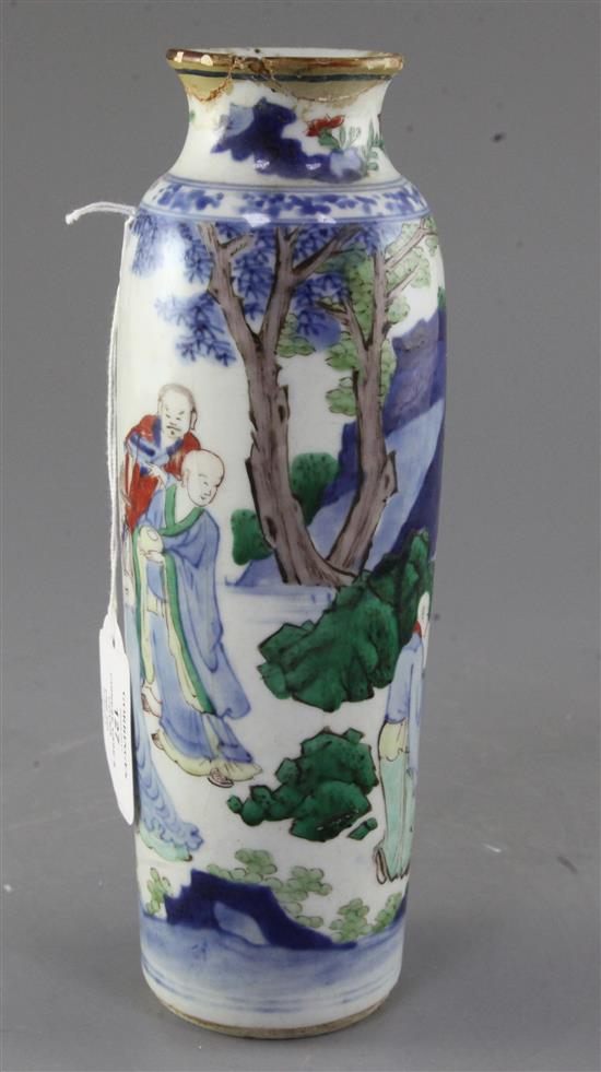 A Chinese wucai slender cylindrical vase and cover, late 17th century, height 24.5cm, old discoloured repairs to rim